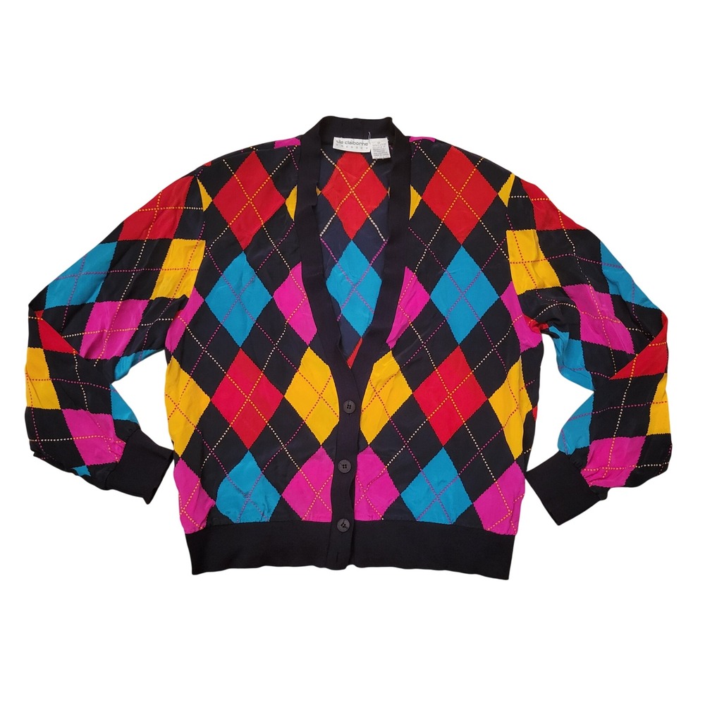 Vintage Liz Claiborne 12 Silk Lightweight Cardigan Retro Argyle Preppy Academia